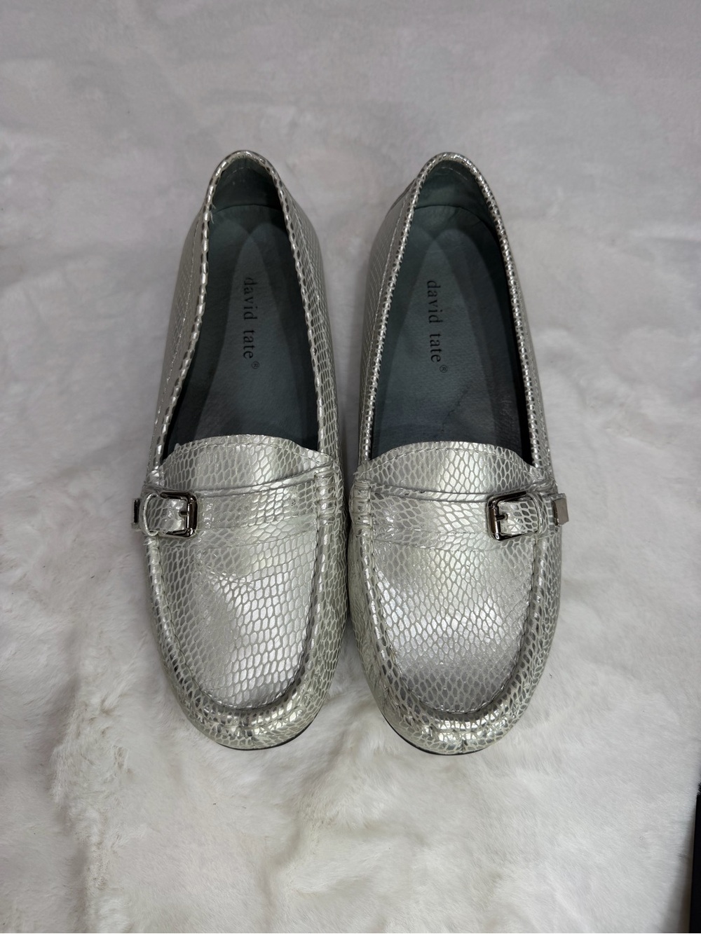 David Tate Silver Snake-Embossed Loafers with Buckle Detail